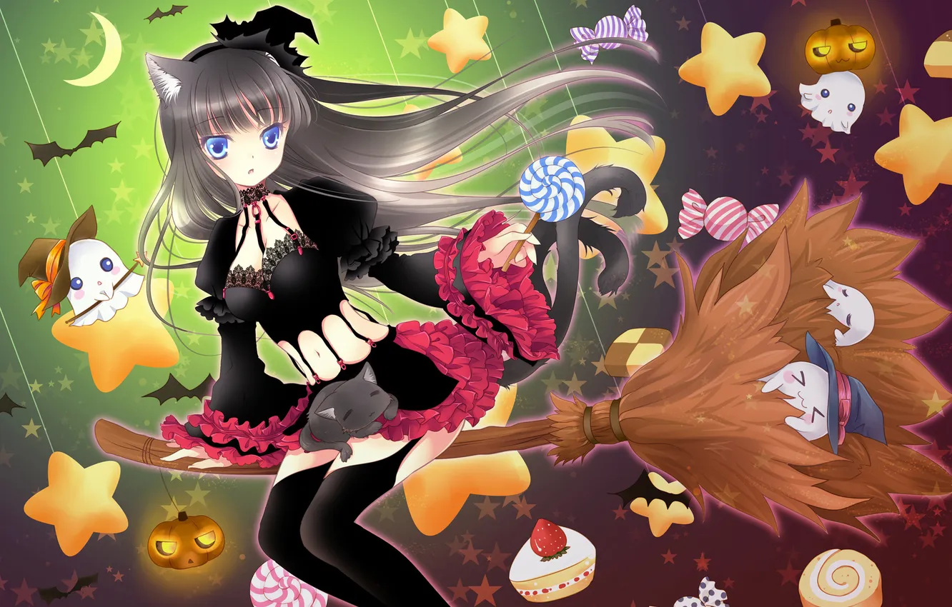 Photo wallpaper girl, stars, flight, anime, sweets, witch, broom, neko