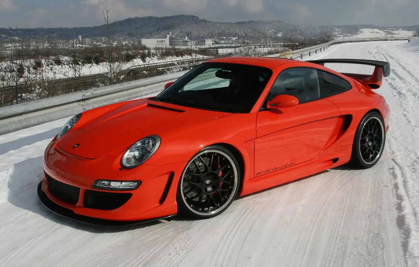 Photo wallpaper winter, red, 911, Porsche, Turbo S