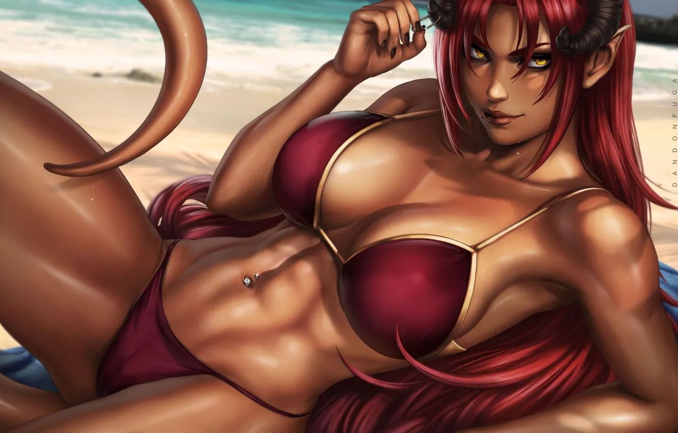 Photo wallpaper Beach, Girl, Body, Swimsuit, The demon, Horns, Art, Succubus