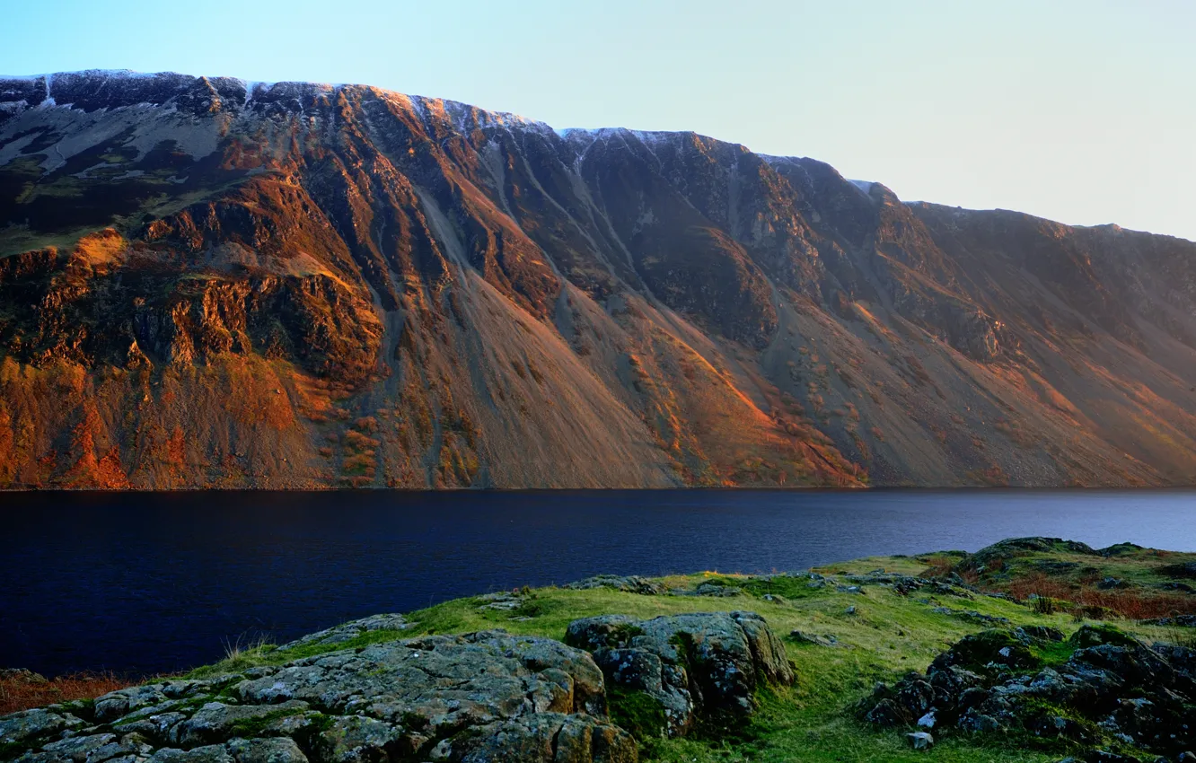 Photo wallpaper sunset, mountains, lake, stones