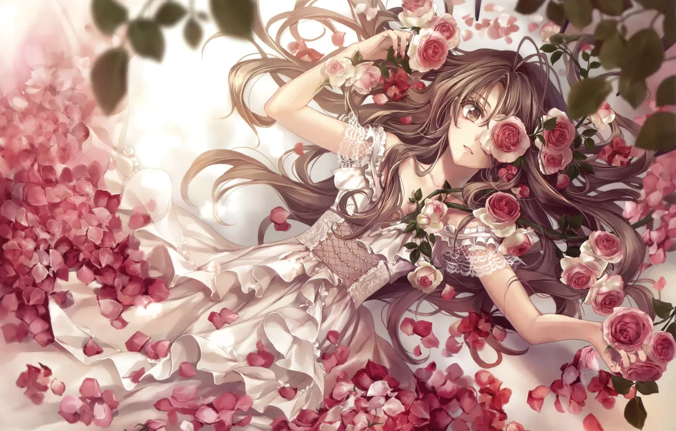 Photo wallpaper girl, flowers, roses, art, hagiwara rin