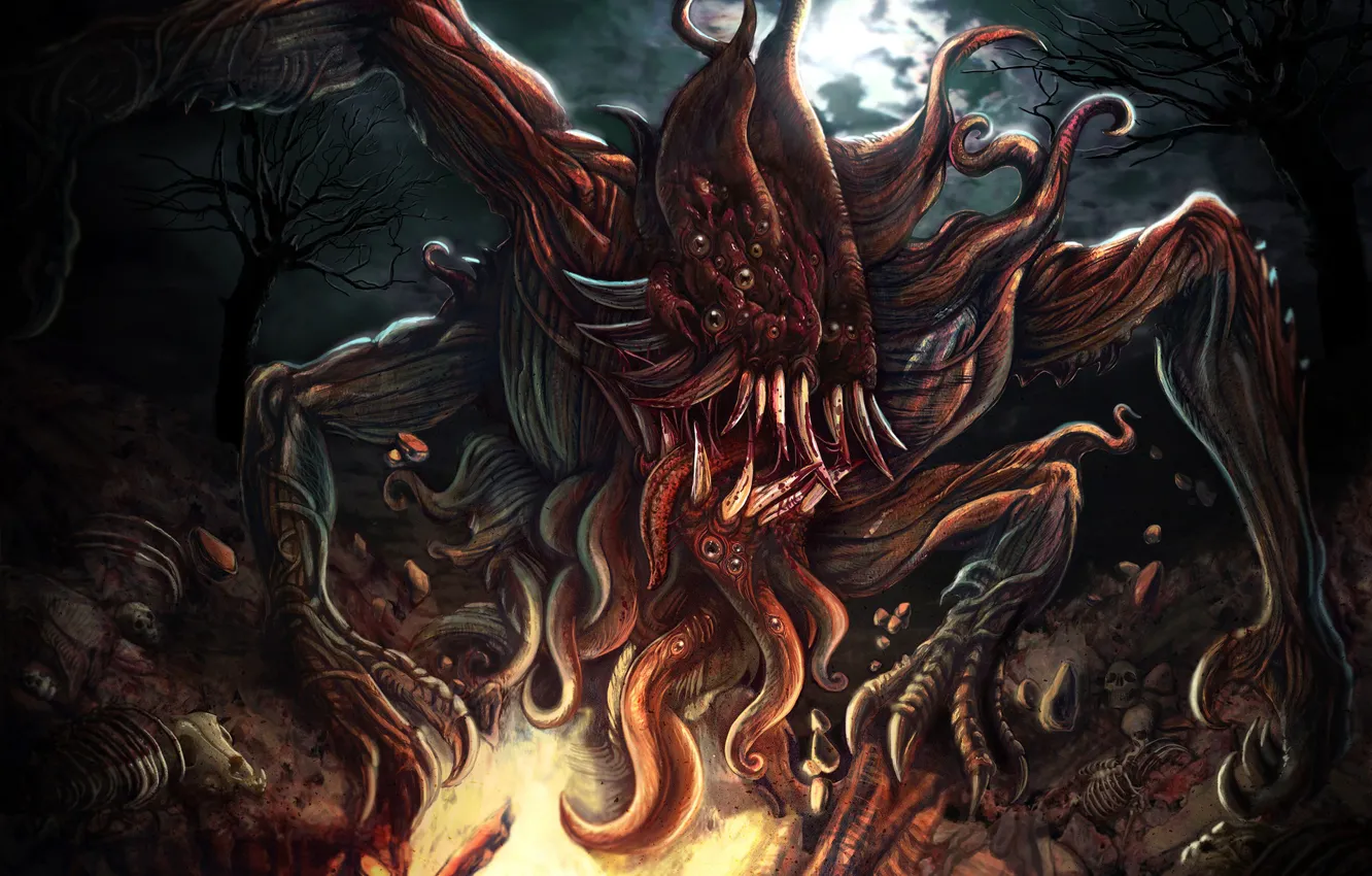 Photo wallpaper night, fiction, monster, teeth, the demon, monster, Illustration, Characters