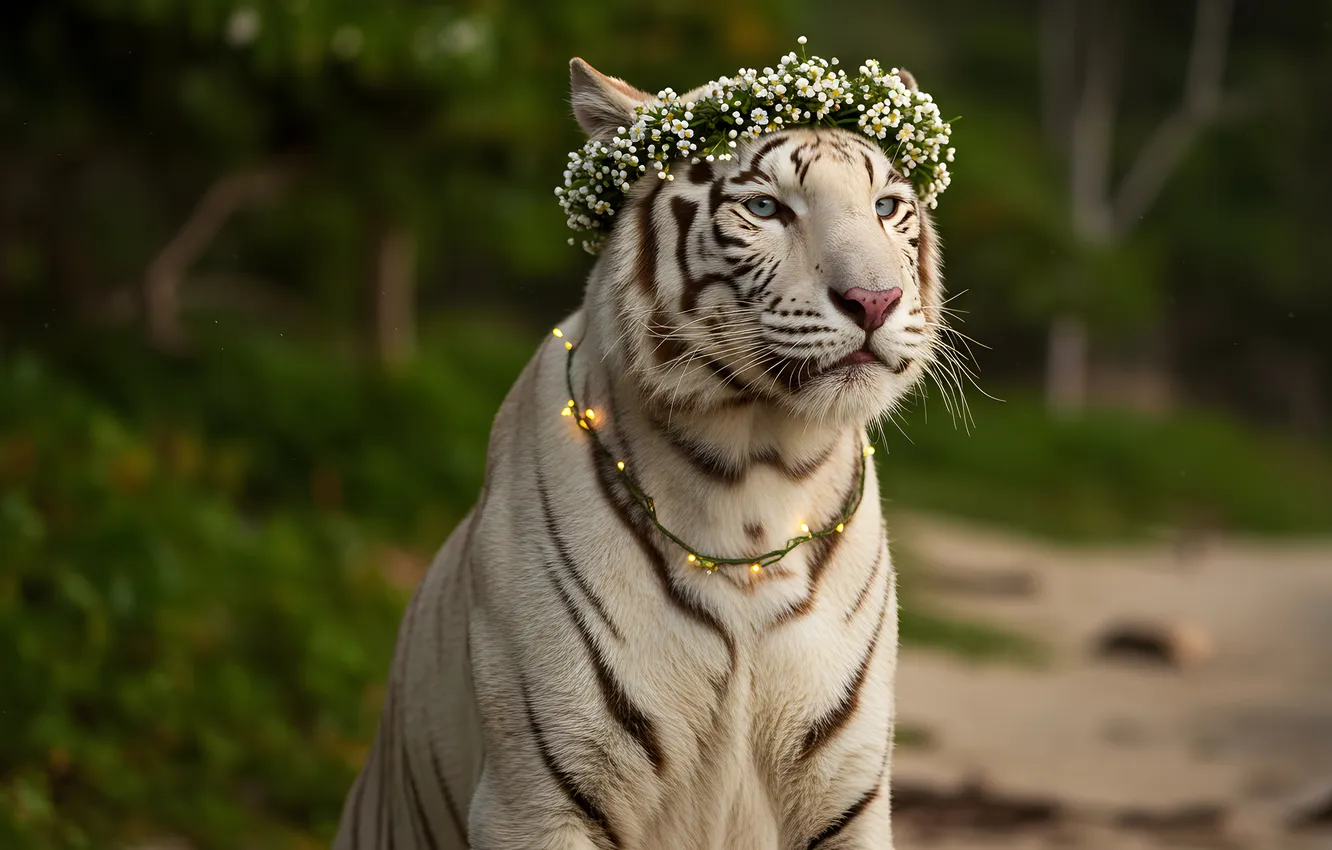 Photo wallpaper white, look, face, trees, flowers, nature, tiger, sitting