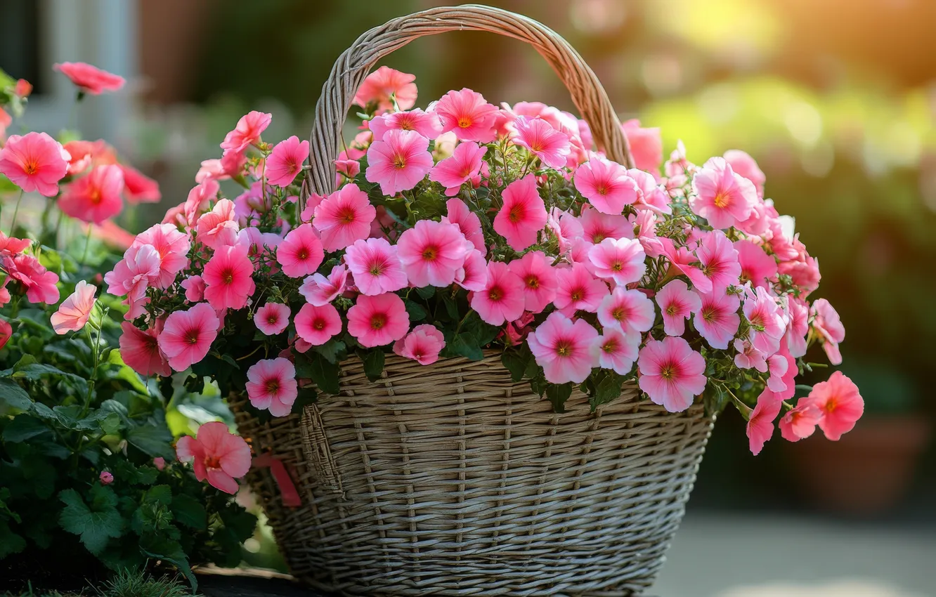 Photo wallpaper summer, flowers, bouquet, garden, pink, basket, Petunia, AI art
