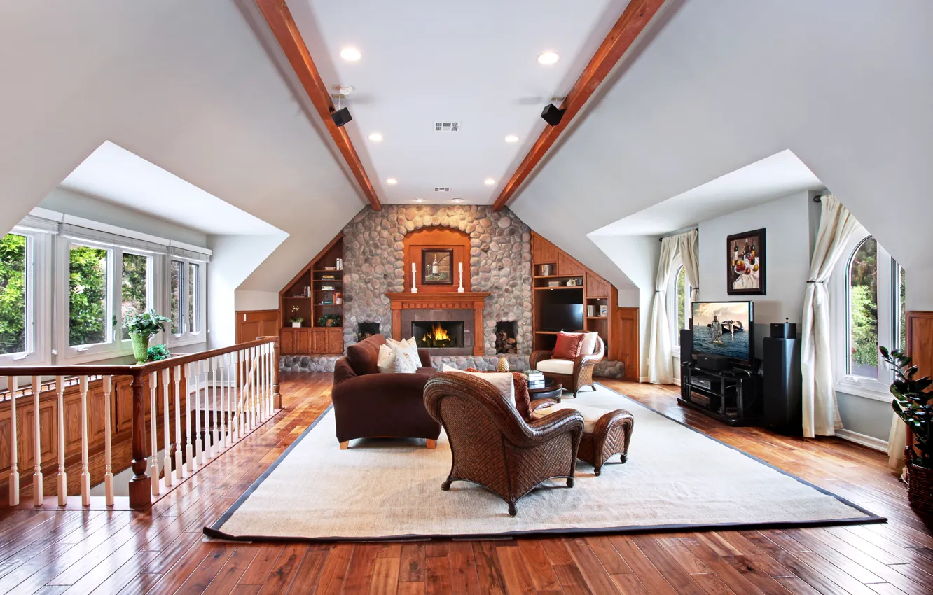 Photo wallpaper style, sofa, furniture, Villa, interior, ladder, fireplace, living room