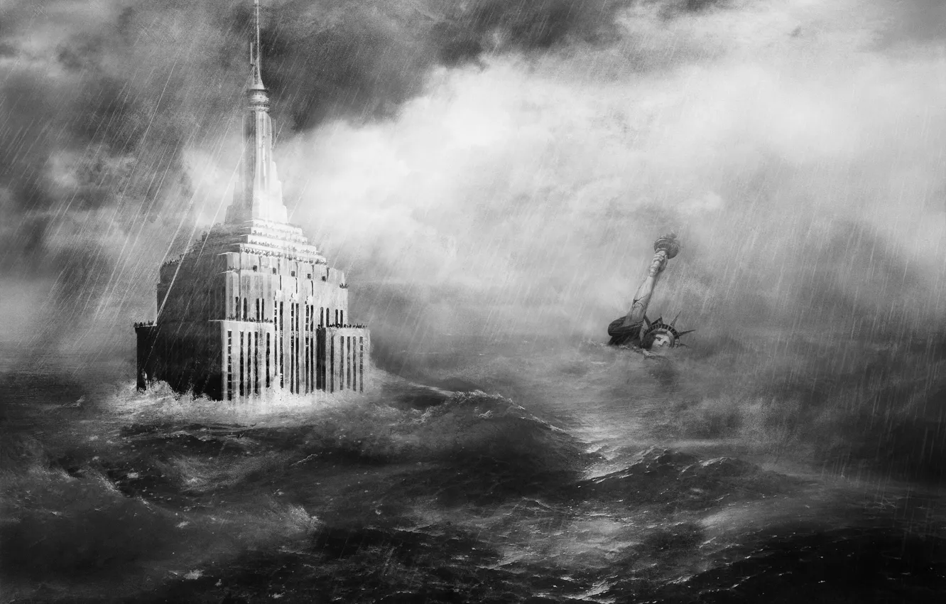 Photo wallpaper water, rain, disaster, skyscrapers, flood, the end of the world, the statue of liberty, empire …