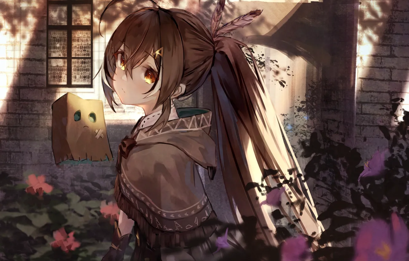 Photo wallpaper girl, flowers, house, paper bag, Friend, Hololive, virtual youtuber, Nanashi Mumei