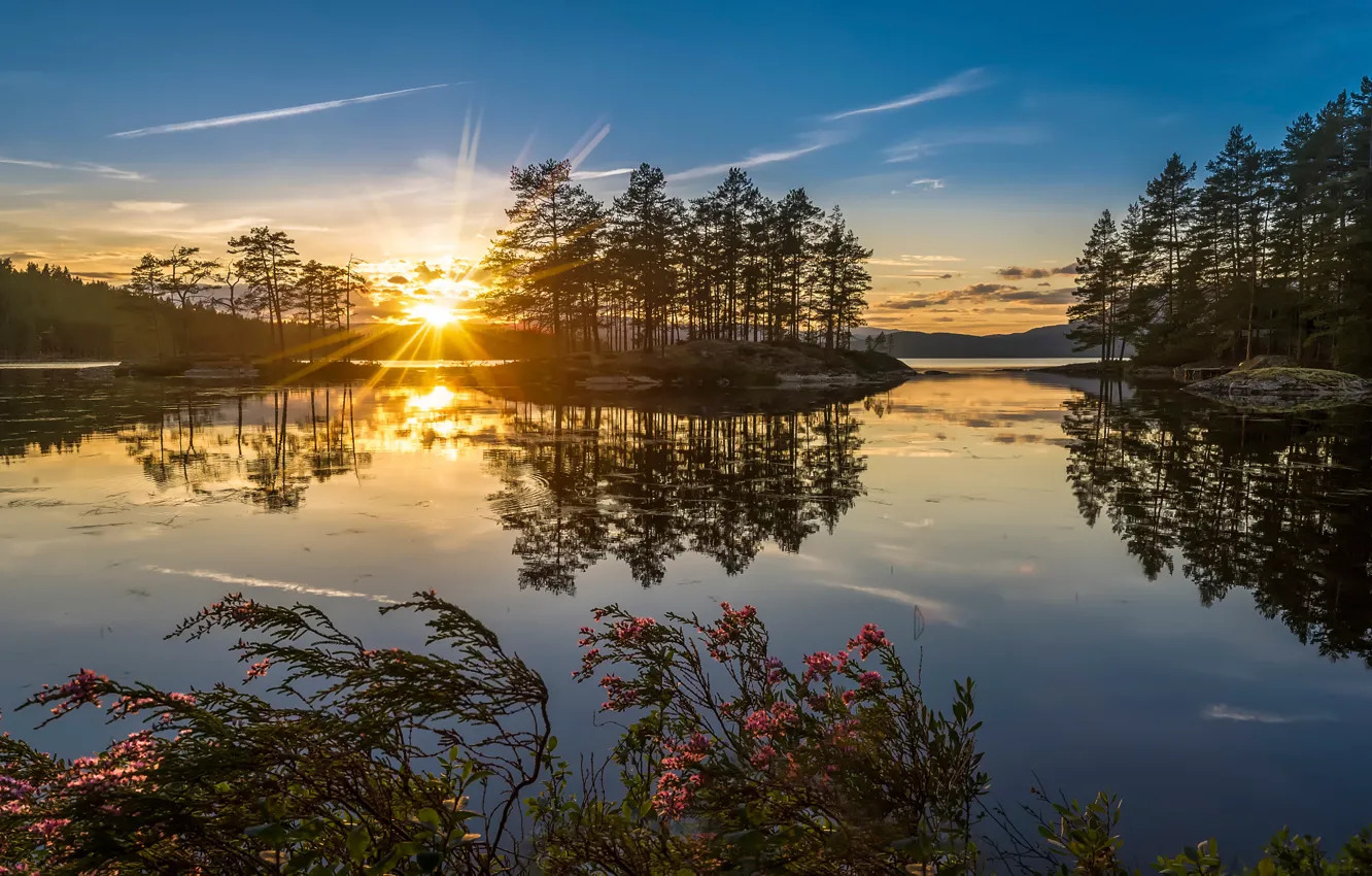 Photo wallpaper sunset, lake, Norway