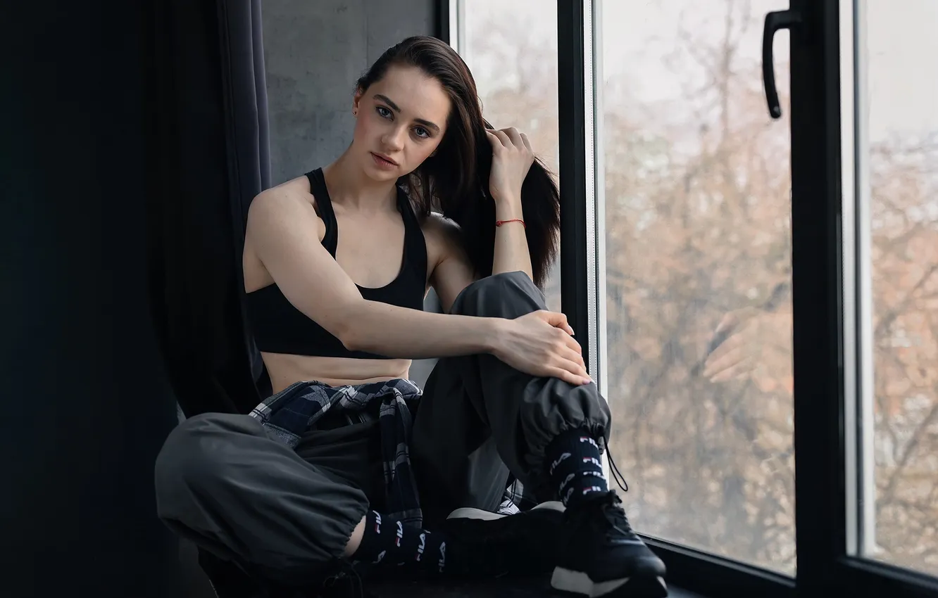 Photo wallpaper look, girl, pose, feet, hands, brunette, window, long hair