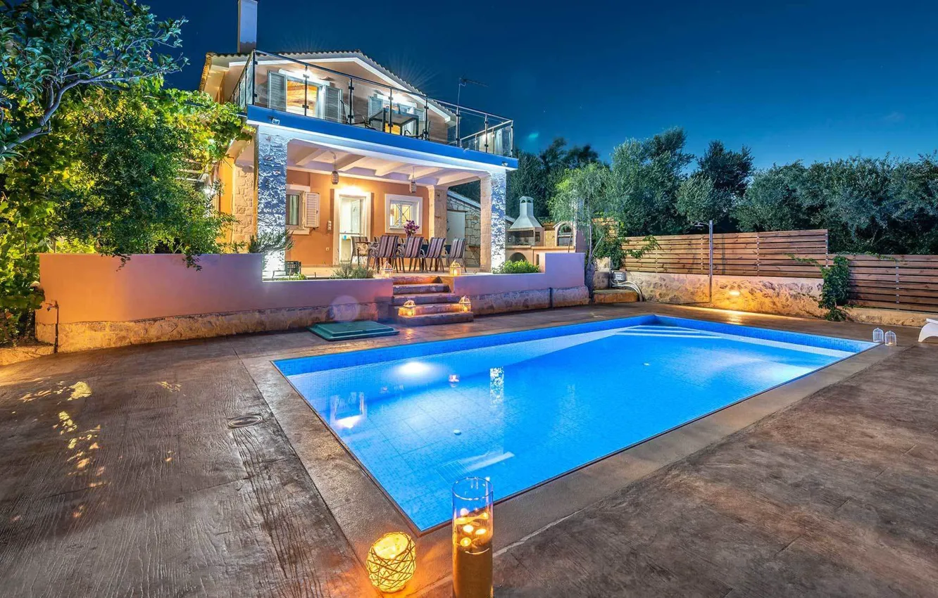 Photo wallpaper Villa, the evening, pool, Greece, lighting, architecture, terrace, Greece
