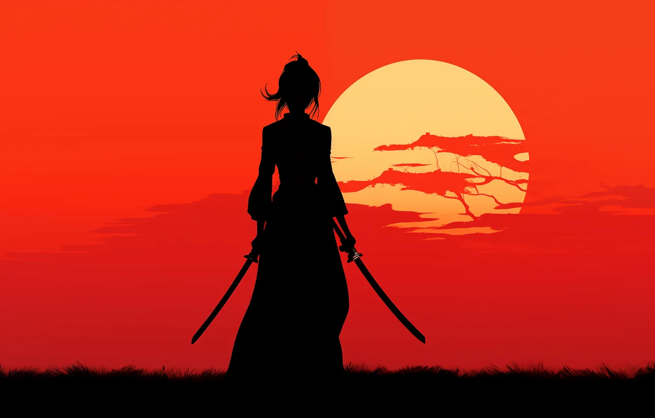 Photo wallpaper red, sword, grass, weapon, anime, katana, women, samurai