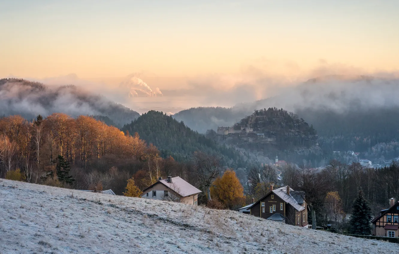 Photo wallpaper winter, forest, the sky, snow, trees, mountains, fog, dawn