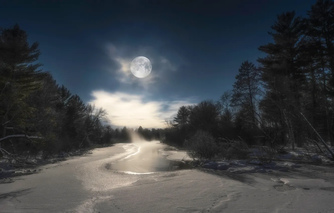 Photo wallpaper winter, forest, the sky, clouds, snow, trees, night, river