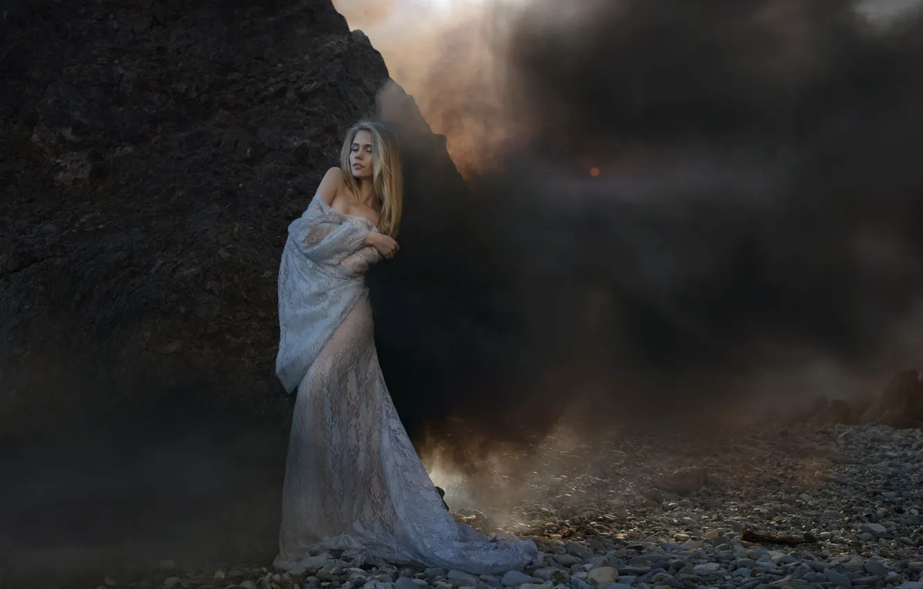 Photo wallpaper white, look, girl, pose, fog, stones, rocks, shore
