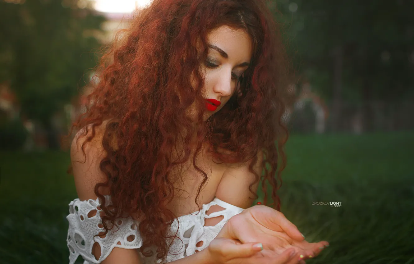 Photo wallpaper look, girl, hair, dress, red, curls, Anastasia, Alexander Drobkov-Light