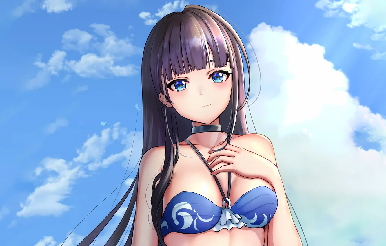 Photo wallpaper girl, sexy, cleavage, sky, long hair, boobs, anime, blue eyes
