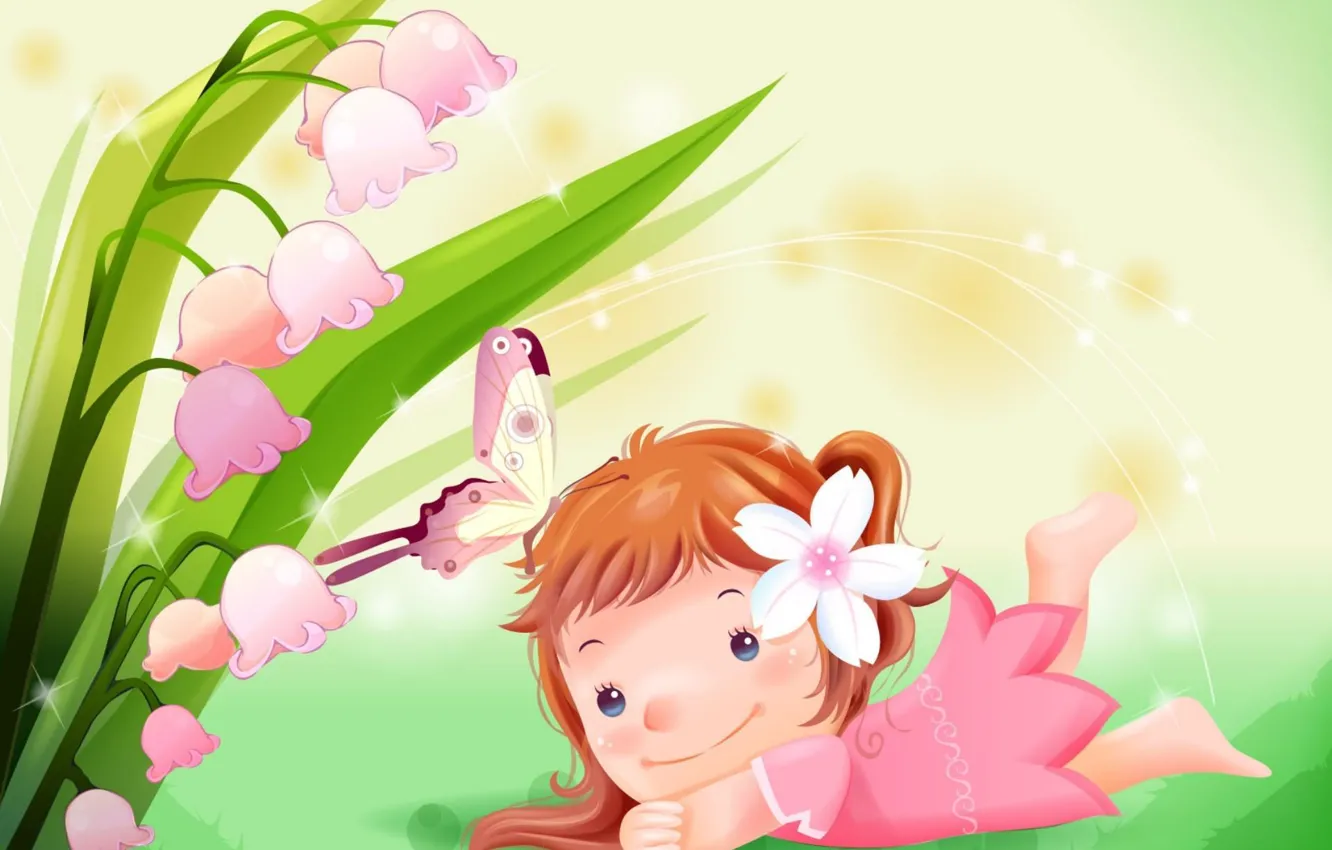 Photo wallpaper art, girl, clearing, lilies of the valley, children's
