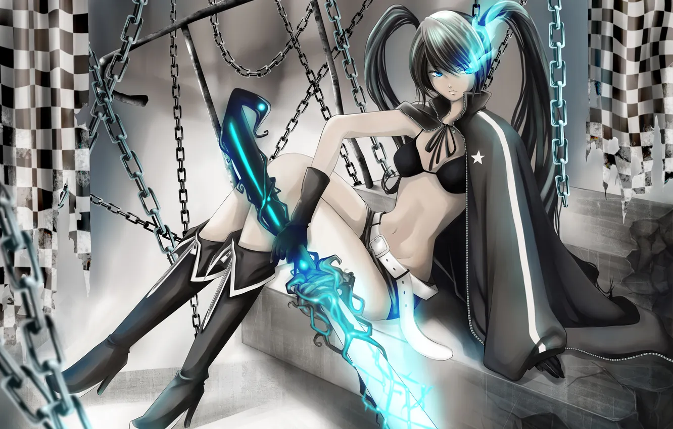 Photo wallpaper girl, pose, weapons, magic, chain, indifference, black rock shooter, art
