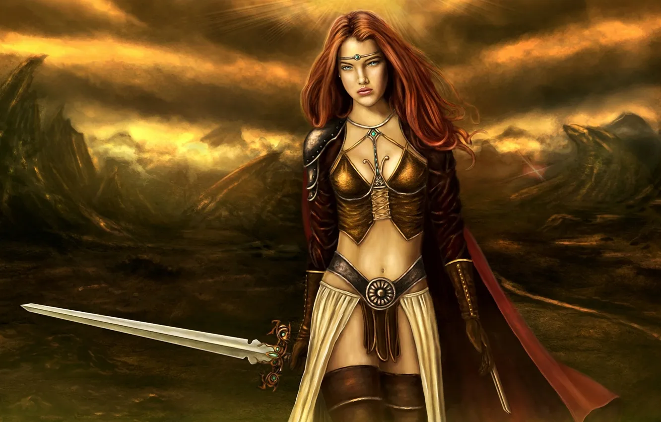 Photo wallpaper girl, the sun, mountains, clouds, sword, armor, knight