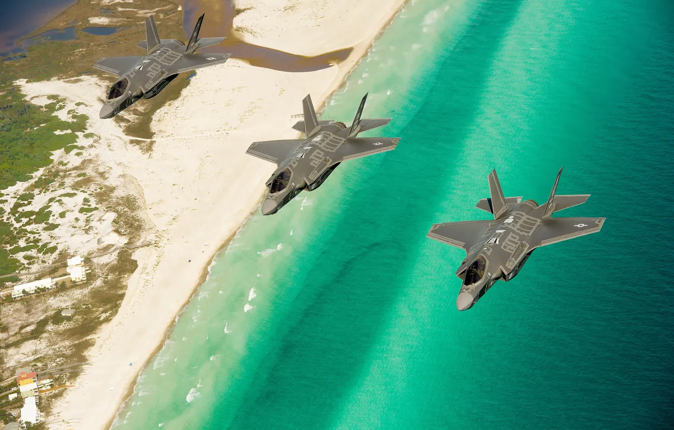Photo wallpaper sea, flight, shore, fighter, three, Lightning II, F-35A, "Lightning" II
