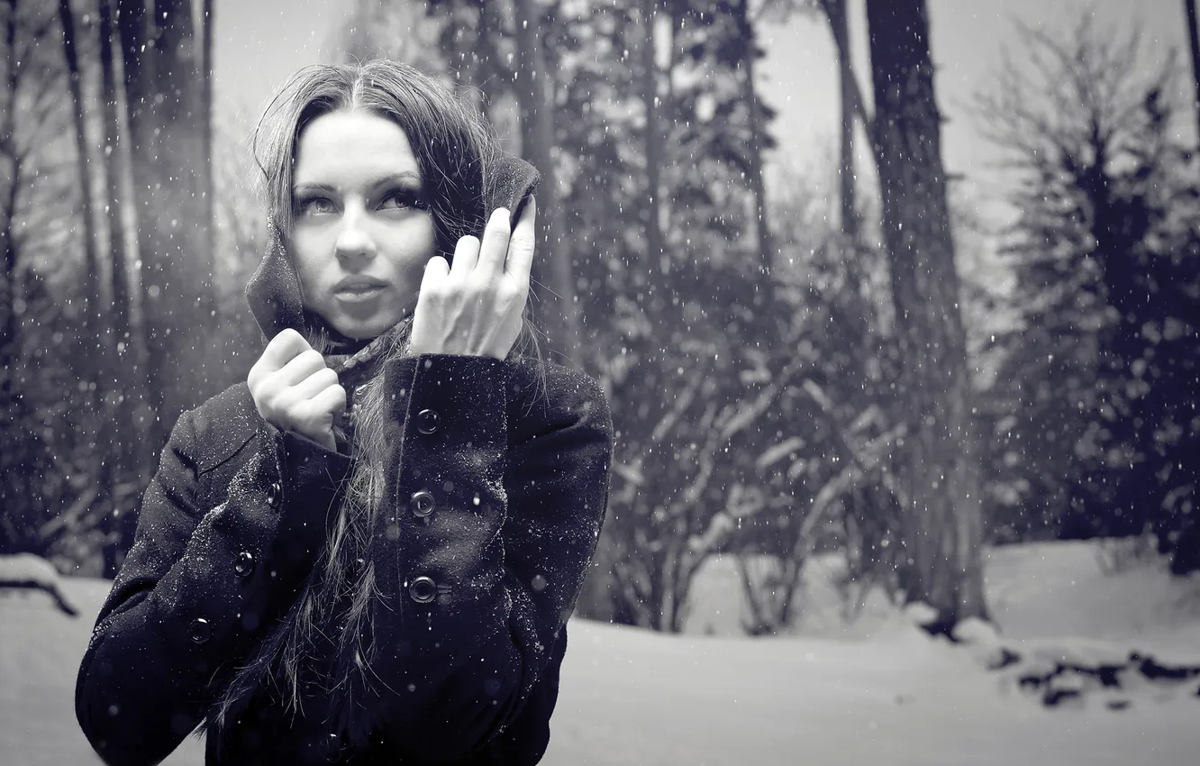 Photo wallpaper FOREST, LOOK, SNOW, WINTER, BROWN hair, Black and WHITE, SHEEPSKIN, COAT