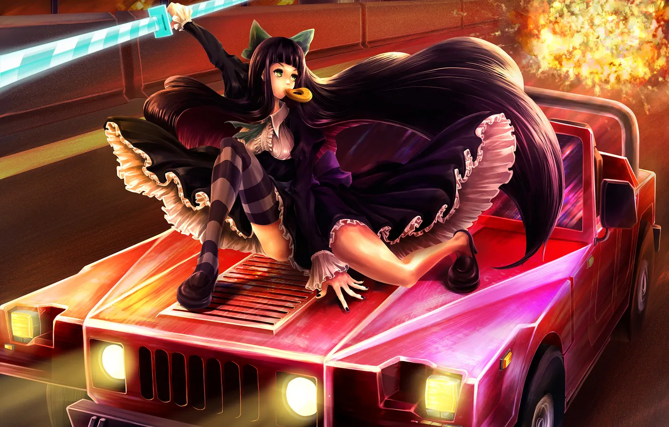 Photo wallpaper machine, girl, the explosion, the city, sword, dress, donuts, Panty & Stocking with Garterbelt