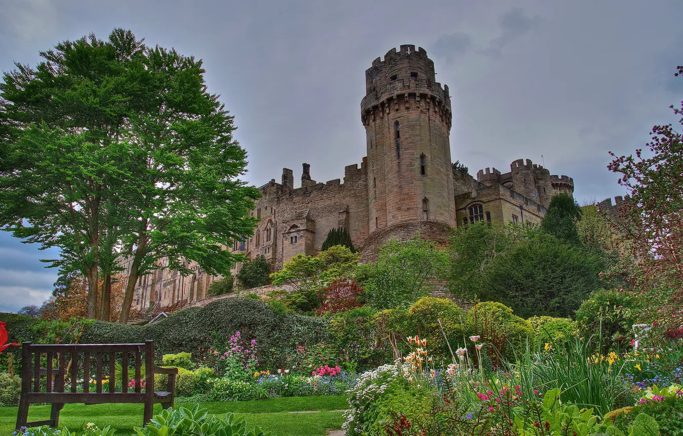 Photo wallpaper the sky, clouds, trees, flowers, Park, castle, England, tower
