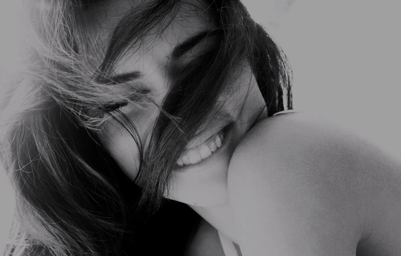 Photo wallpaper photography, smile, art, beautiful, pretty, hair, black and white, artistic