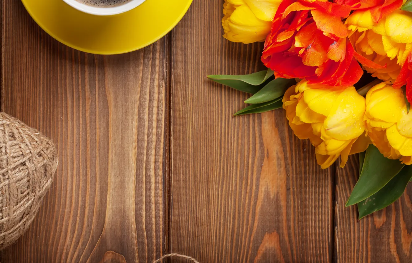 Photo wallpaper coffee, bouquet, colorful, tulips, yellow, flowers, cup, tulips