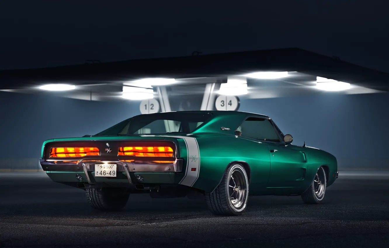 Photo wallpaper Auto, Night, Station, Retro, Machine, Dodge, Charger, Gas stations