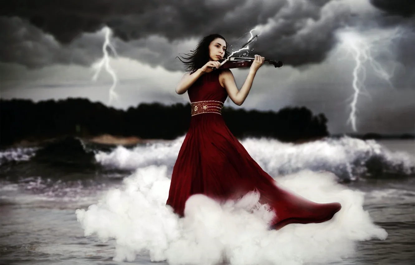 Photo wallpaper girl, music, lightning, violin