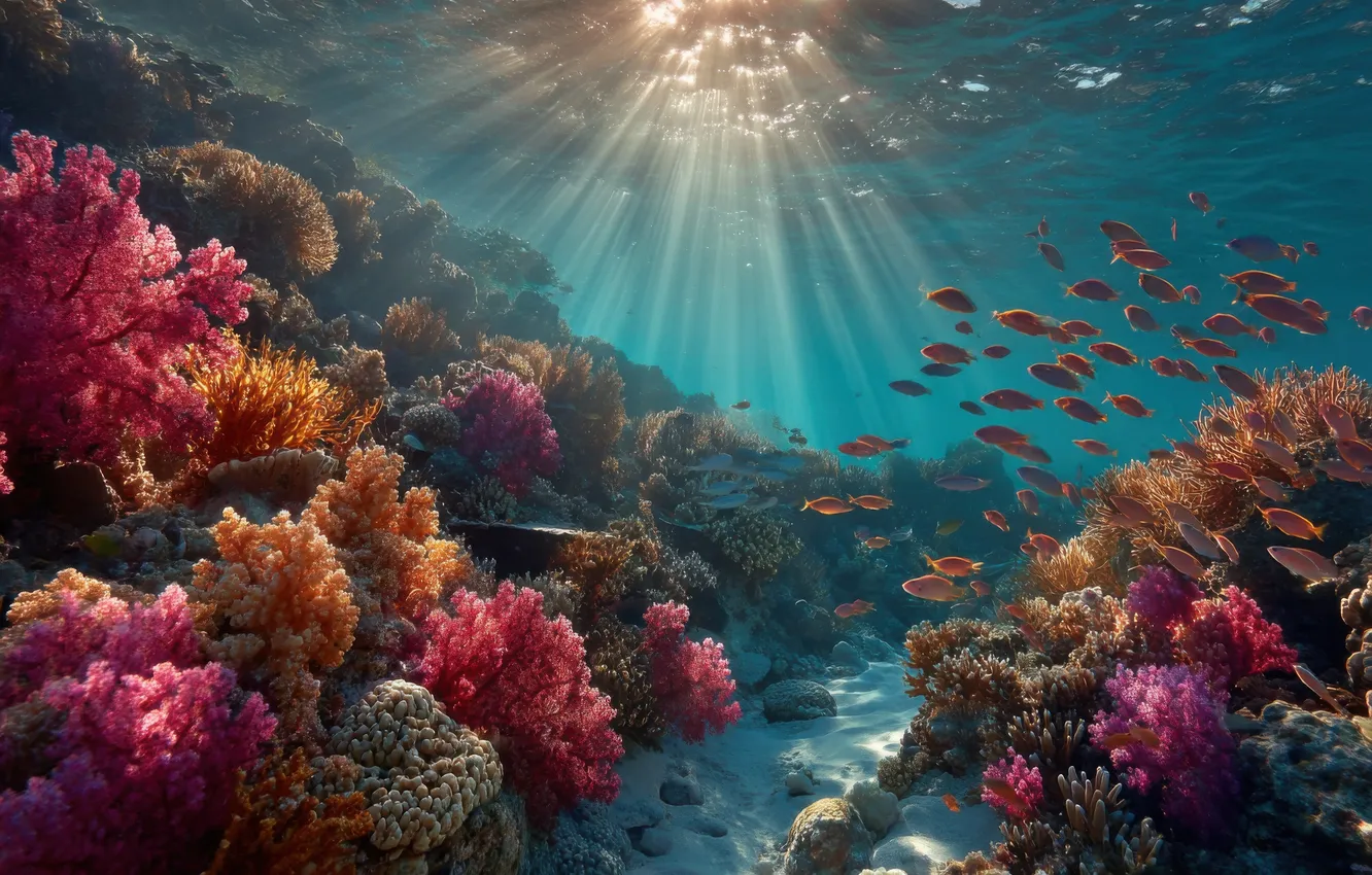 Photo wallpaper sea, rays, light, fish, the ocean, fish, corals, underwater world