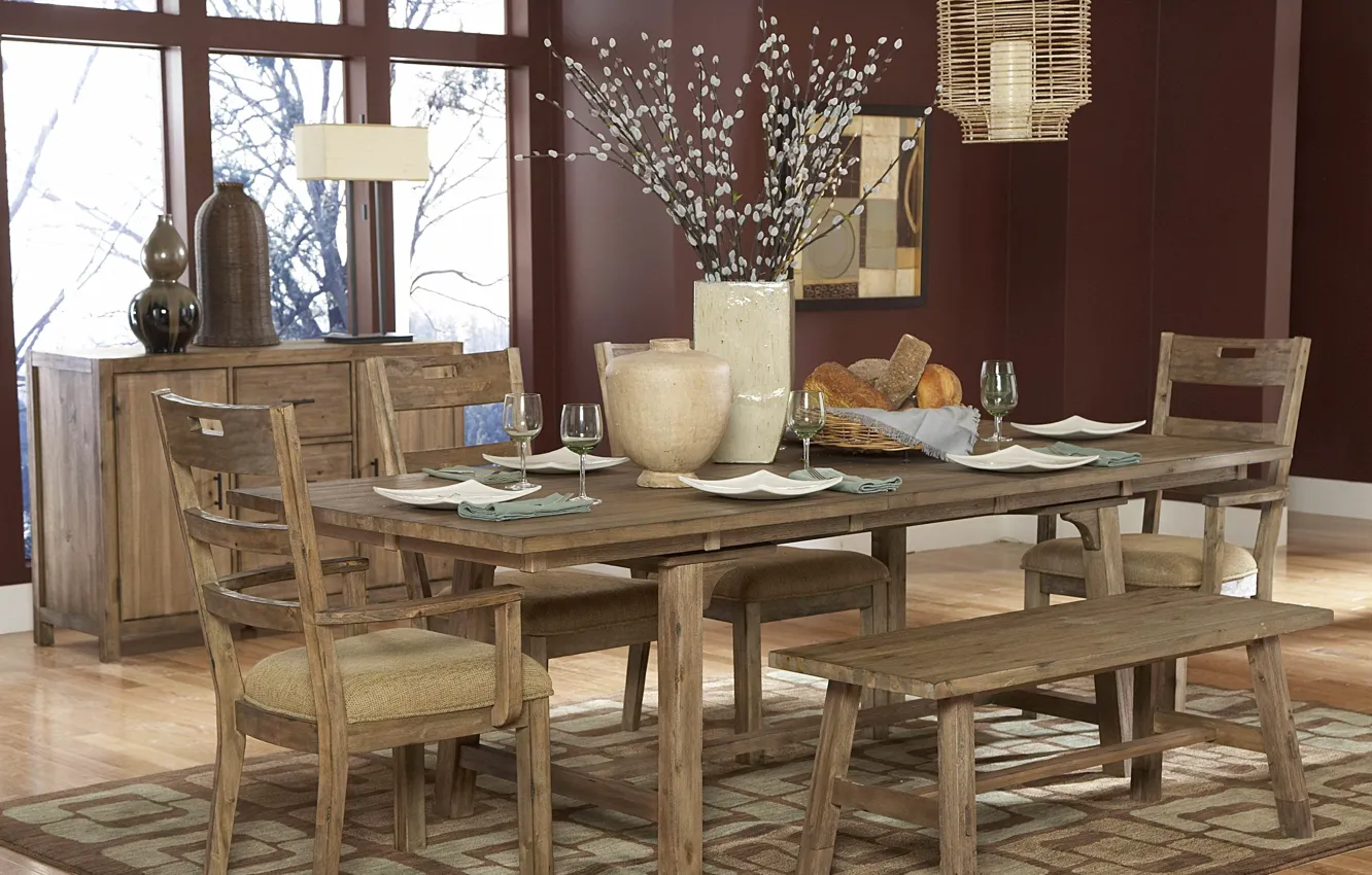 Photo wallpaper wood, table, kitchen, grain, dining set