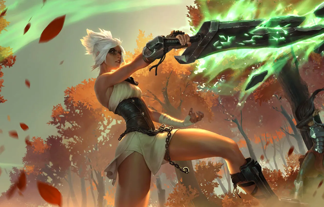 Photo wallpaper girl, sword, magic, art, riven, champion, forrest, Riot Games
