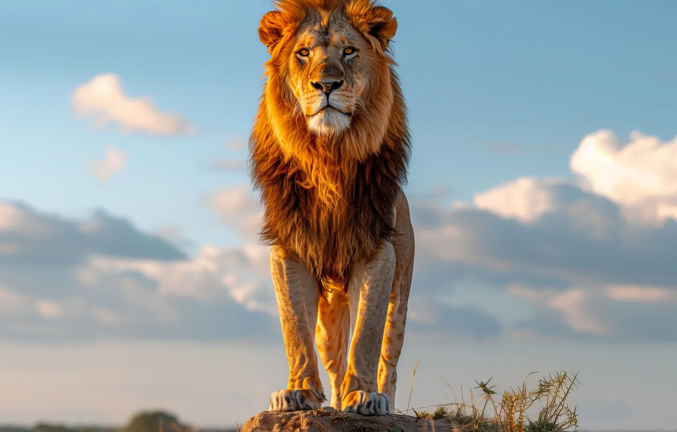 Photo wallpaper stones, dawn, predator, Leo, big cat, digital art, AI art, The Art of Artificial Intelligence