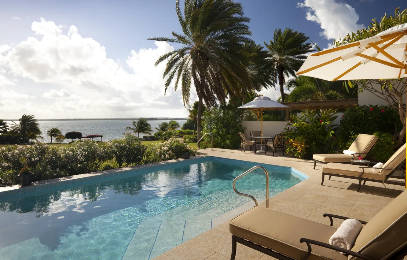 Photo wallpaper flowers, palm trees, Villa, pool, garden, terrace, ocean views