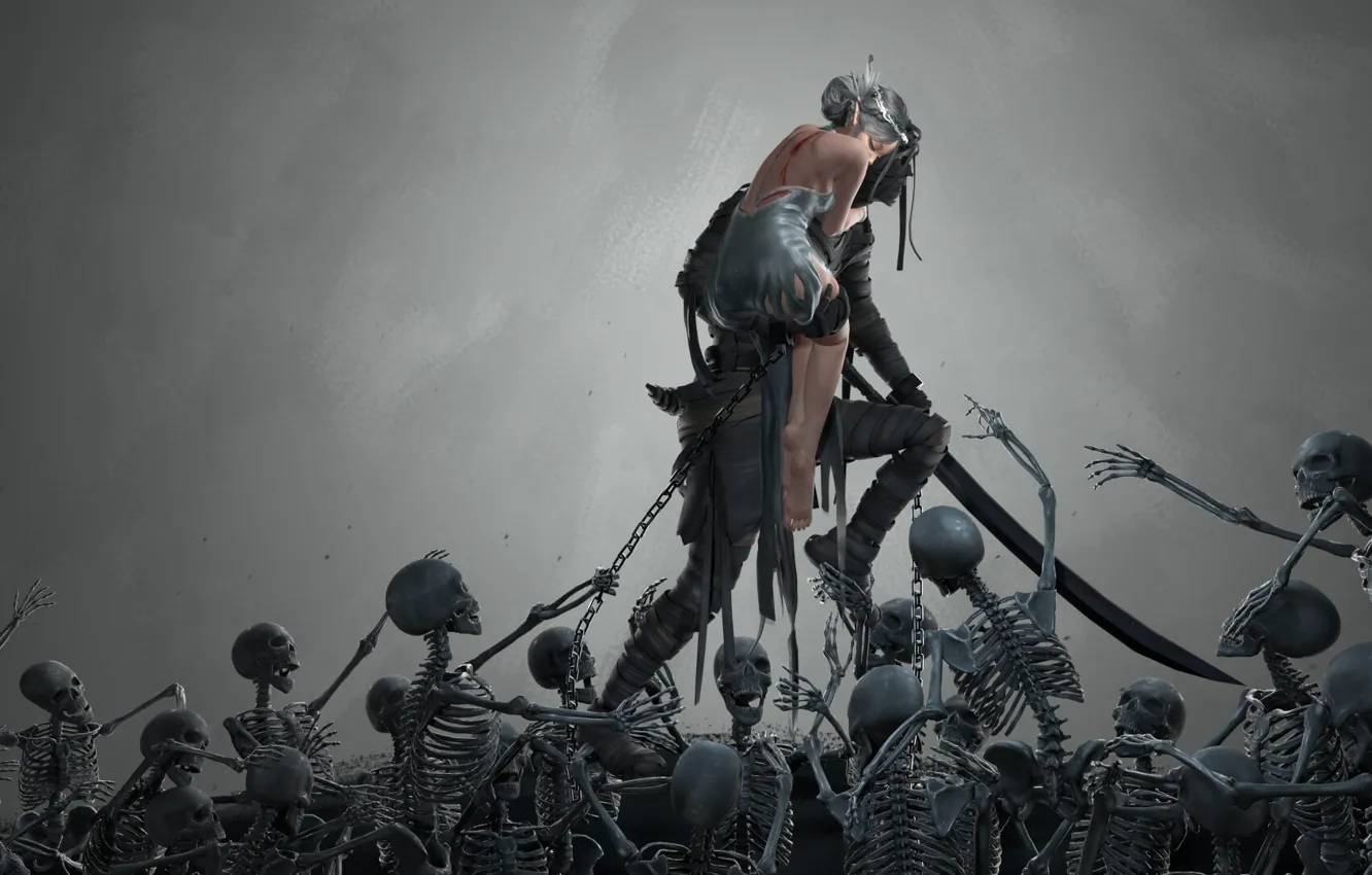 Photo wallpaper skull, chain, grey background, skeletons, undead, mummy, wounds, flight