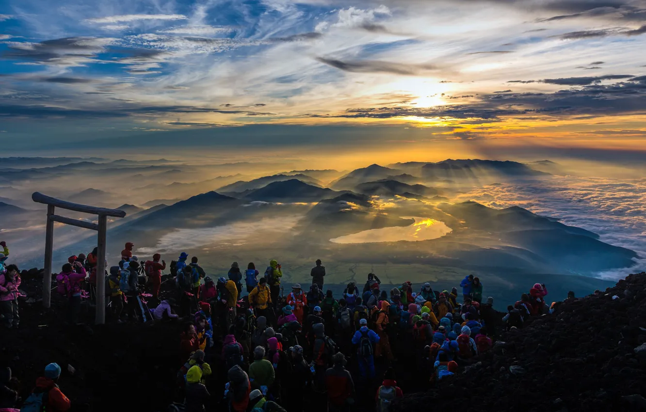 Photo wallpaper mountains, dawn, tops, people, Japan, Fuji