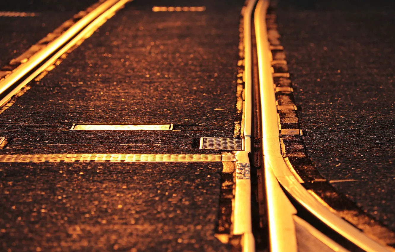 Photo wallpaper road, the sun, sunset, rails, tram tracks