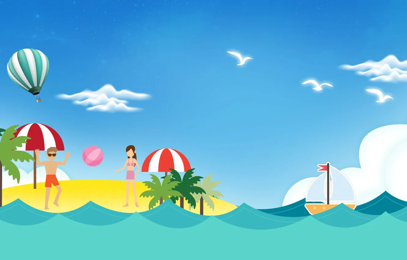 Photo wallpaper sea, beach, summer, palm trees, umbrella, balls, vector, figure