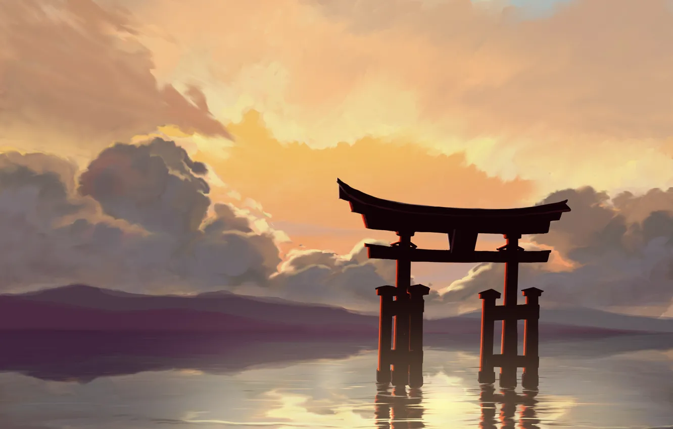 Photo wallpaper the sky, water, torii