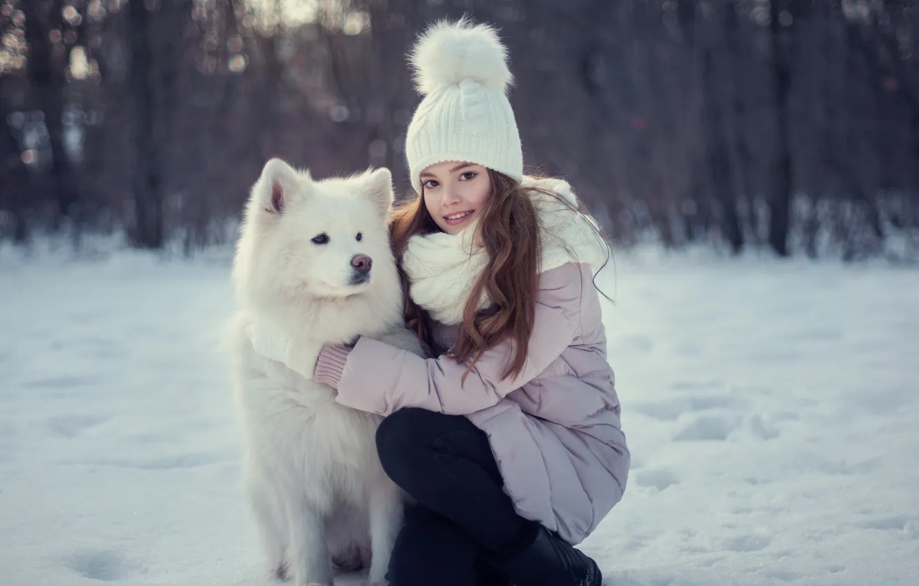 Photo wallpaper winter, forest, snow, Park, glade, hat, dog, scarf