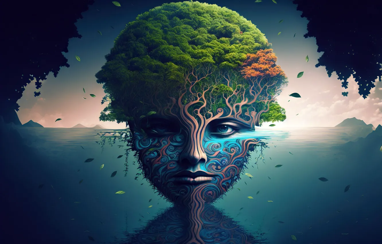 Photo wallpaper eyes, water, trees, face, element, horizon, digital art, digital art