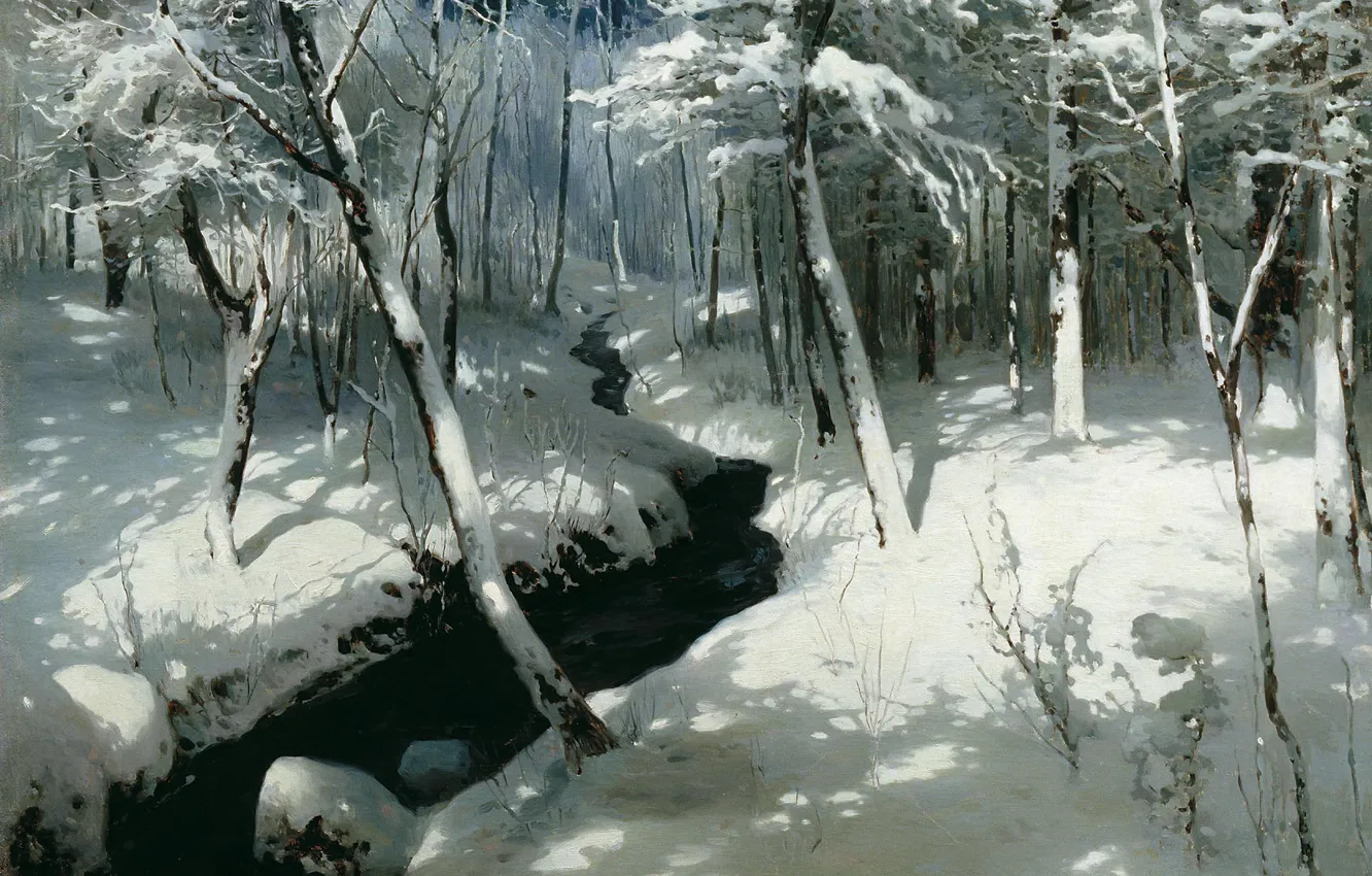Photo wallpaper winter, snow, oil, canvas, 1906, Stream in the forest, Andrey SCHILDER (1861-1919)