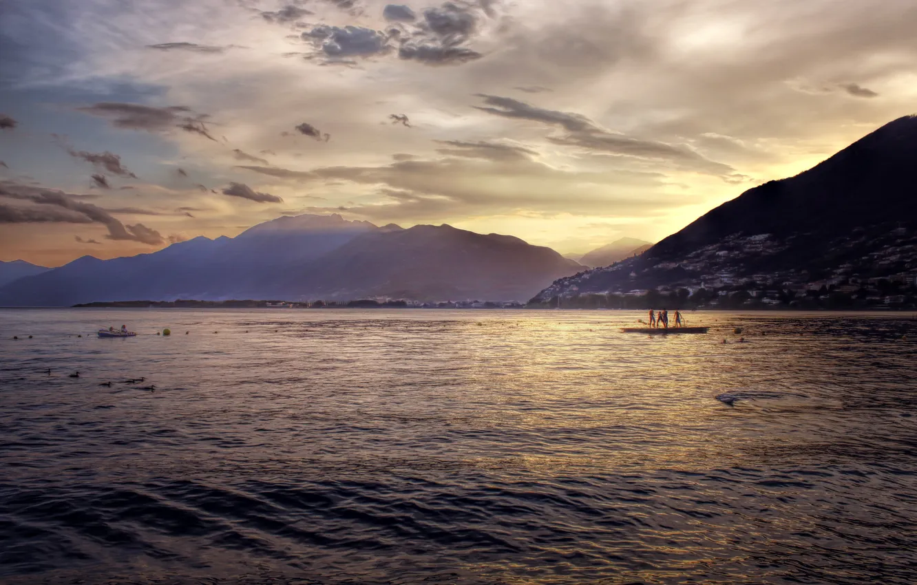 Photo wallpaper water, hills, boat