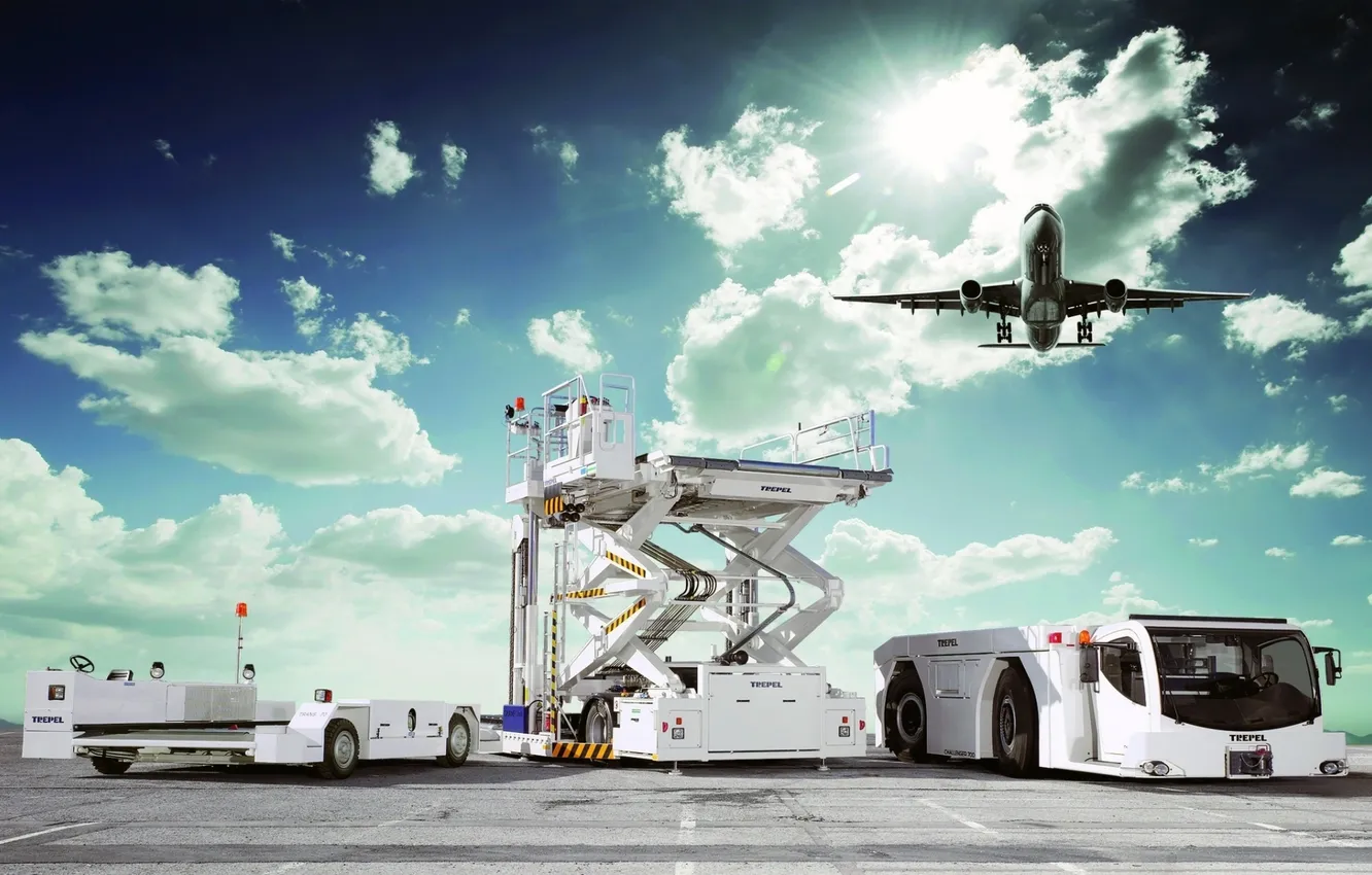 Photo wallpaper the sky, the sun, clouds, tower, Challenger, the plane, tractor, 700