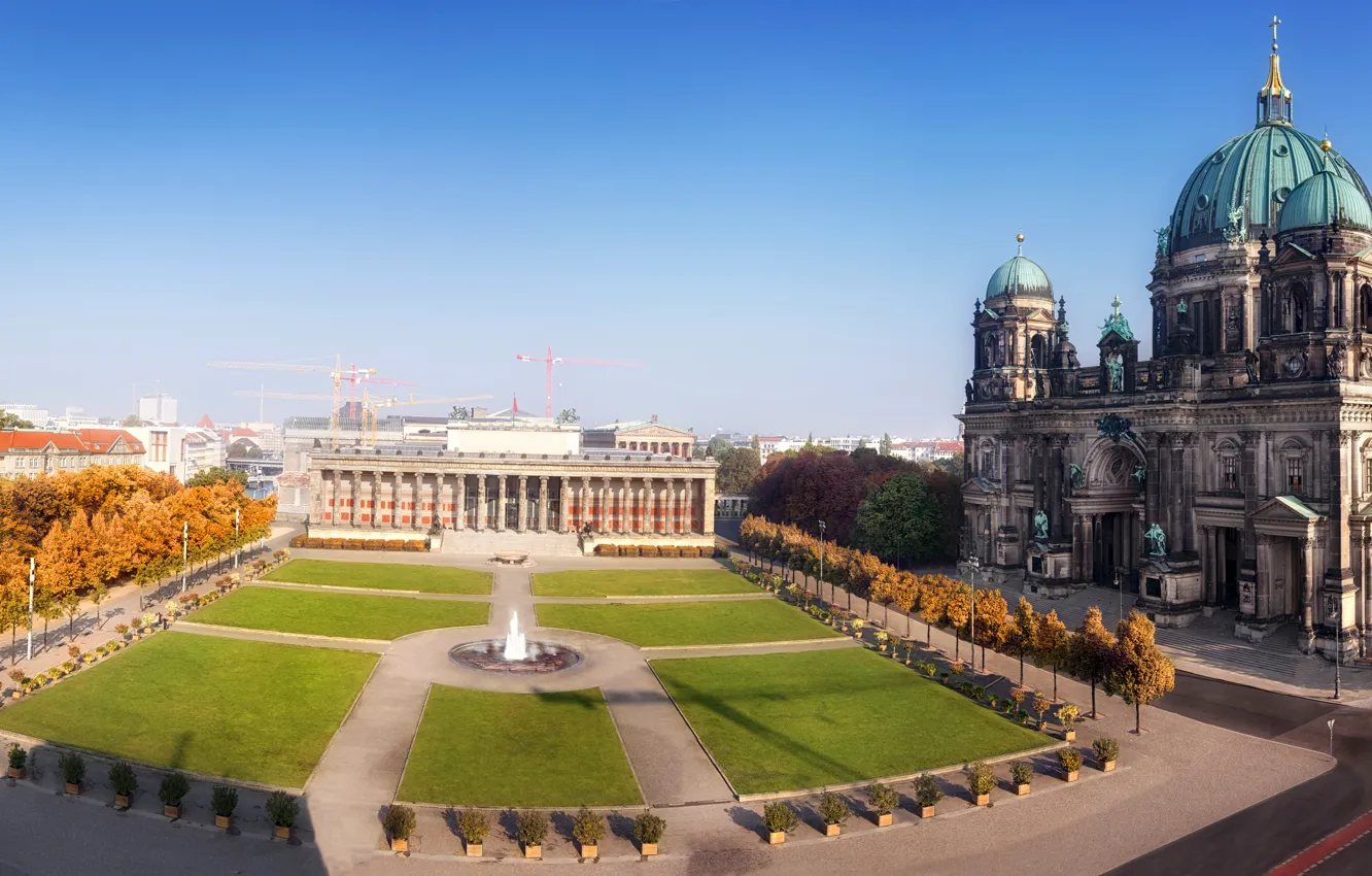 Photo wallpaper autumn, the city, Park, lawn, home, Germany, panorama, temple