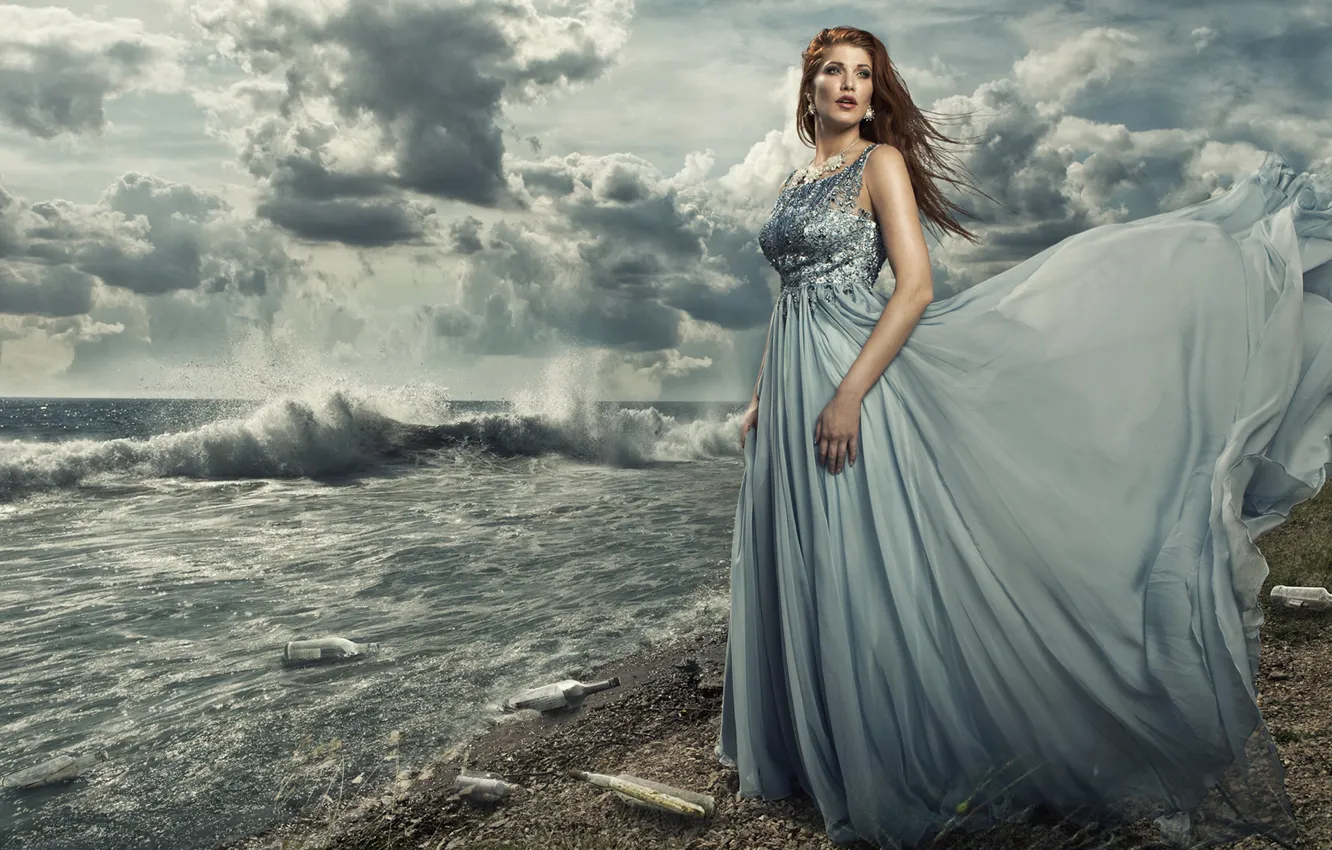 Photo wallpaper sea, clouds, model, wave, the situation, dress, bottle, The Work Holmes