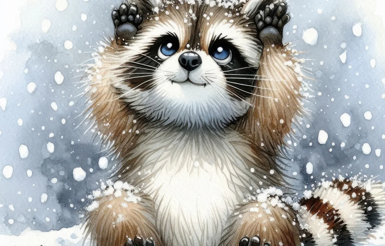Photo wallpaper winter, snow, new year, Christmas, the snow, raccoon, snowfall, AI art