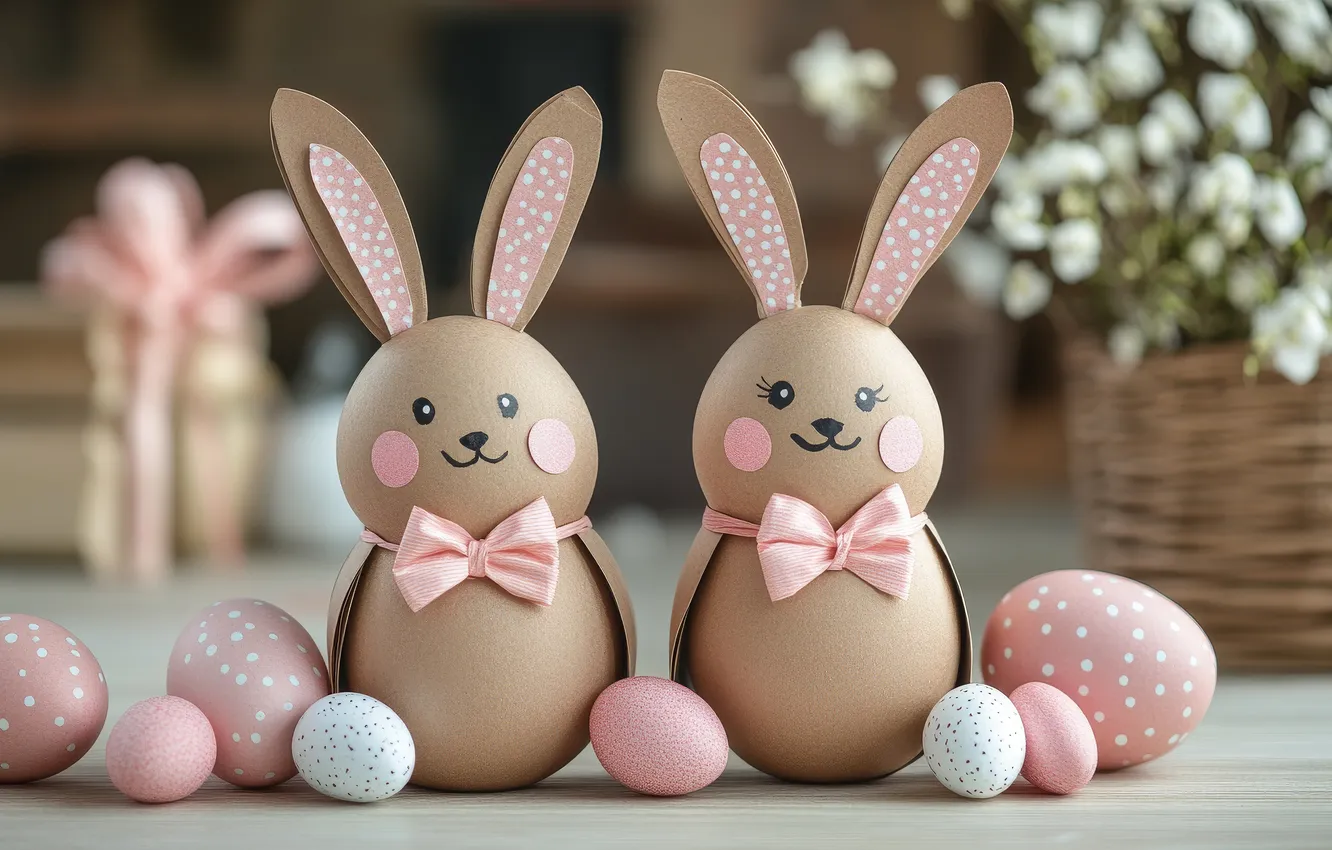 Photo wallpaper flowers, holiday, eggs, spring, rabbit, Easter, a couple, creativity